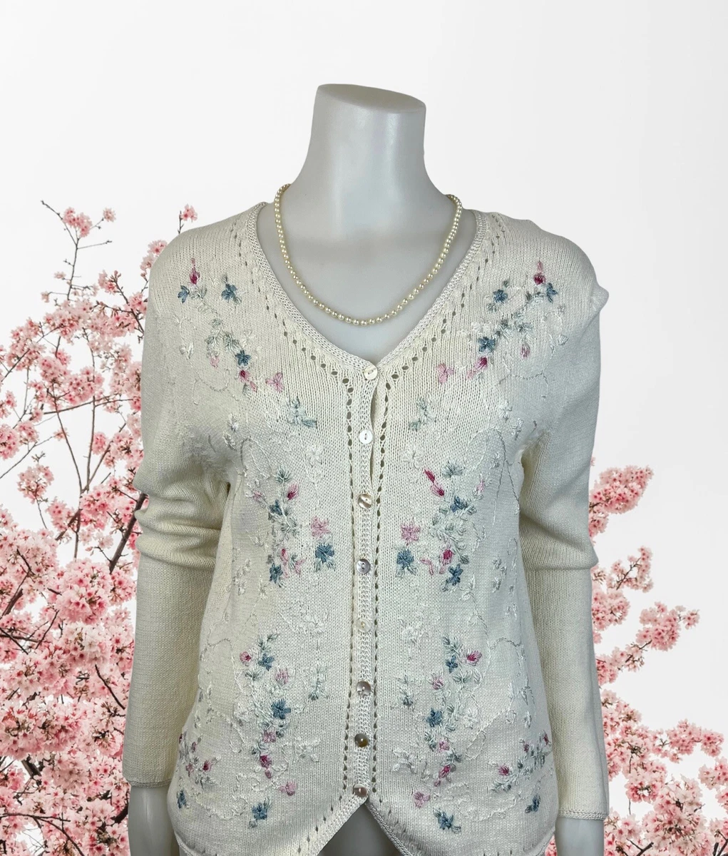 VTG Womens Size M Ivory Pastel Floral Cardigan Sweater Embroidered