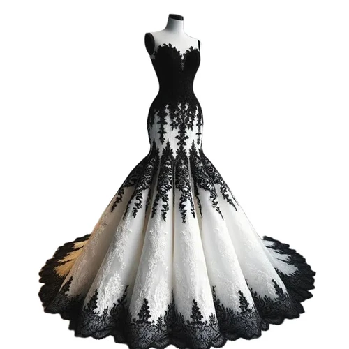 Gothic Black and White Wedding Dress Strapless Lace Applique Mermaid Bridal Gown - Picture 4 of 11