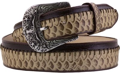 Rust Sand Python Snake Pattern Leather Overlay Silver Tone Buckle Cinto Vaquero