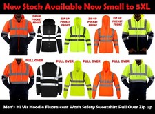 New Mens Hi Vis Hoodie Fluorescent Work Safety Sweatshirt Pull Over Zip Pocket
