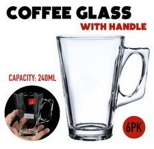 Set of 6 Coffee Glass Tea Latte Cups Mugs w Handle Hot Cold Drink Beverage 240ml