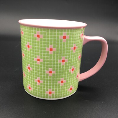 Starbucks Coffee  Barista Mug  Pink Green Floral Mosaic Needlepoint 14 oz  2004