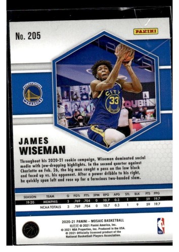 2020-21 Panini Mosaic #205 James Wiseman RC - Picture 2 of 2
