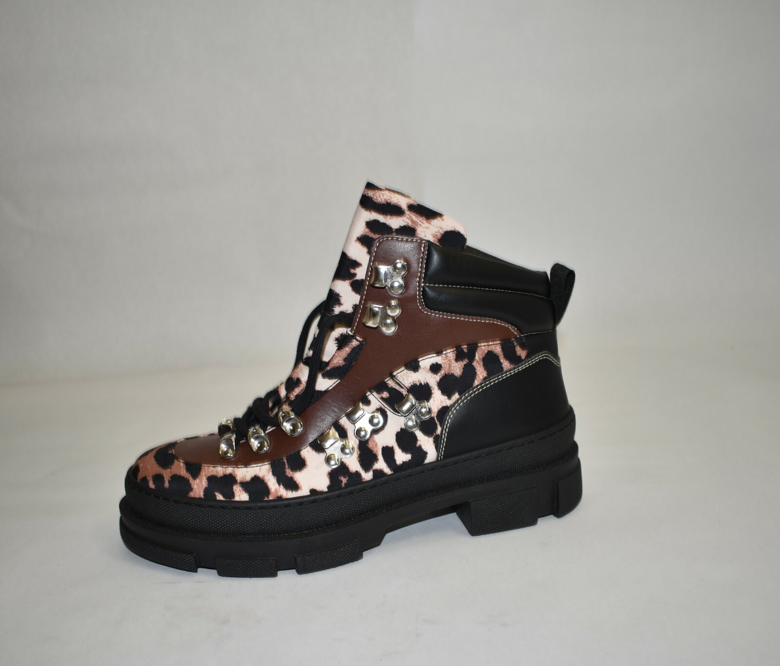 New! Ganni Leopard-Print Mixed-Media Hiking Boots Size 37 EU 7 US MSRP $445 image 6