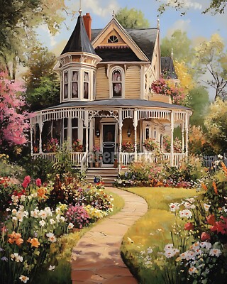 Victorian home with a wraparound porch and garden oOil Painting 8x10 ...