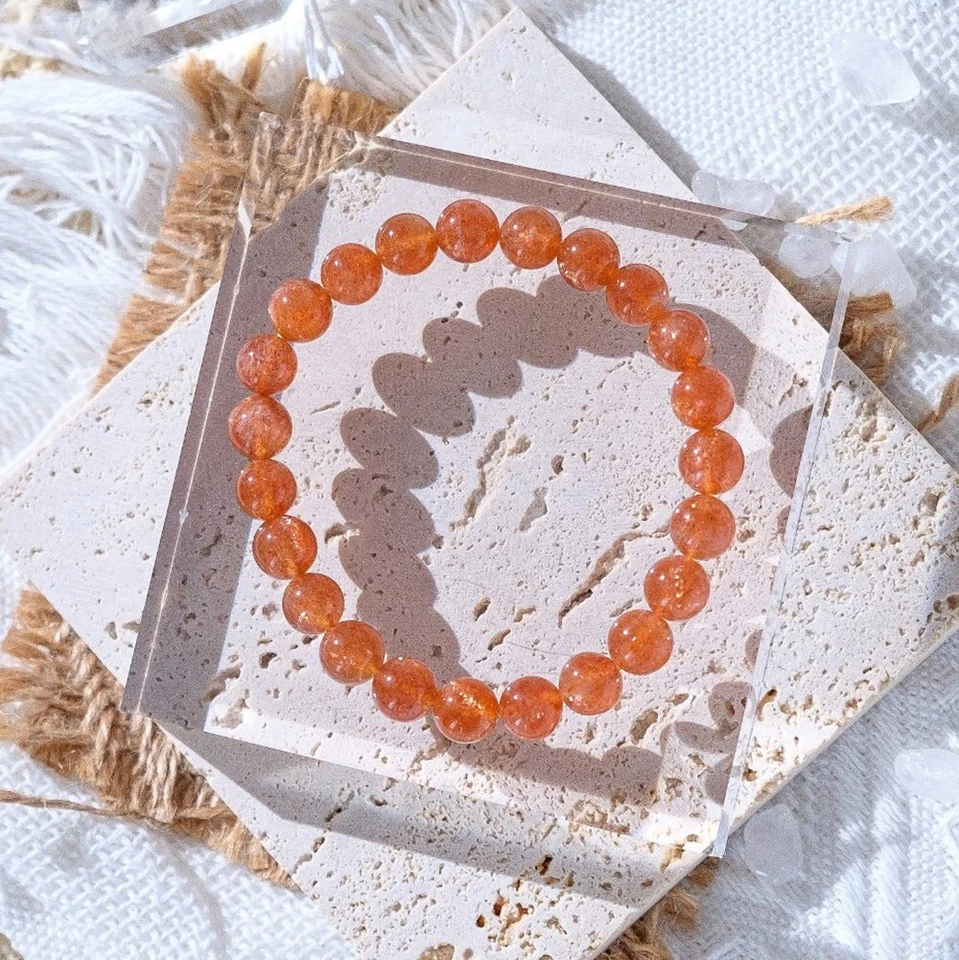 Natural Orange Sunstone Stone Bracelet Gold Sheen Crystal Stretch Bracelet - Image 2 of 3