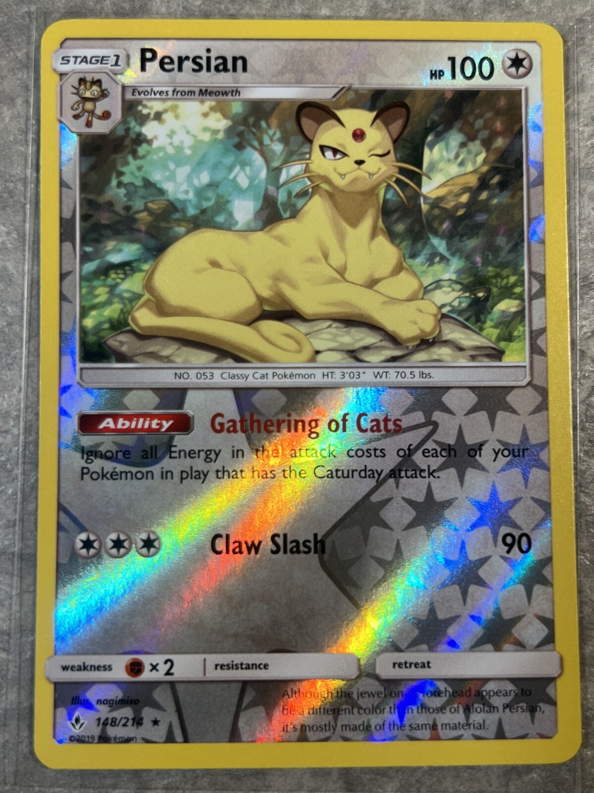 Persian 148/214 Pokemon TCG Sm-Unbroken Bonds Reverse Holo Rare (Light Play)
