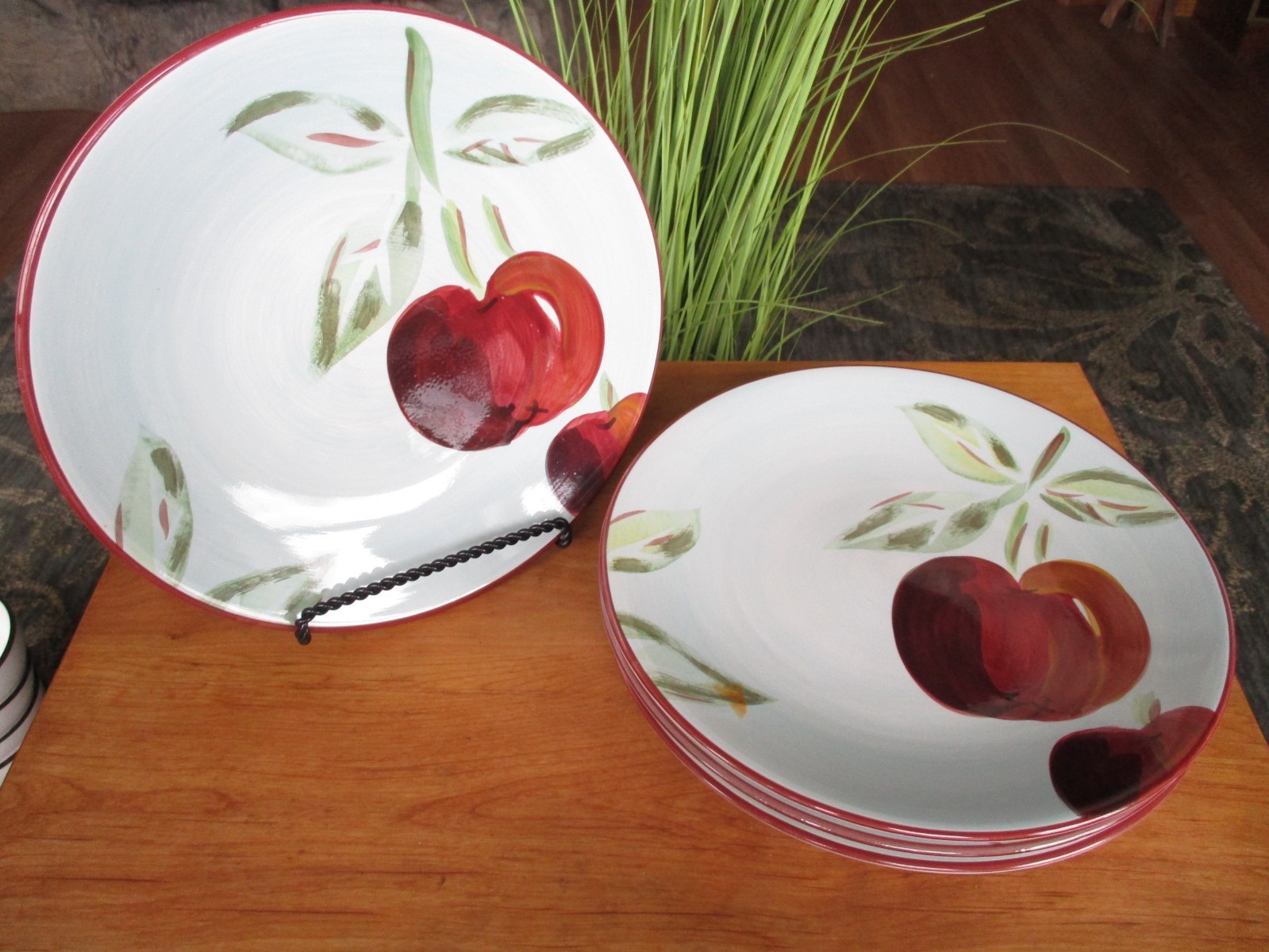 Of 4 Hand Painted Dinner Plates 11" Apple Cherry