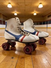Vintage Roller Derby White Quad Roller Skates Red Blue Stripe USA Pair Retro