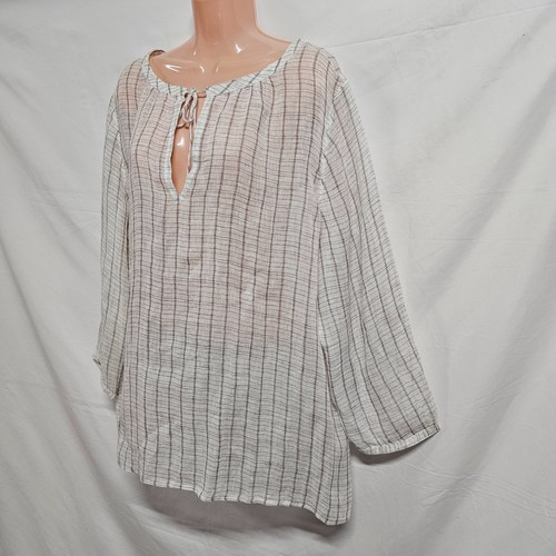 Eileen Fisher Thin Gauzy Boxy Wide Neck Top Women Size XL White Striped Linen - Picture 5 of 16