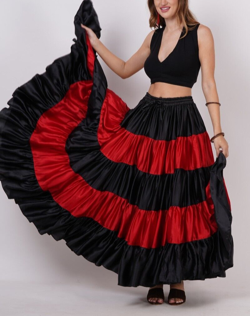 Mujer Tribal Danza del Vientre Satén Flamenco Rojo y Negro Falda Larga de Hal...