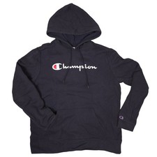 Champion Mens Navy Blue Pullover Hoodie Script Logo Fleece Large