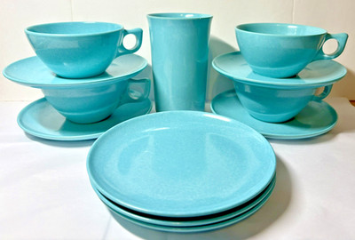 VTG MCM - 12pc Melmac/BRANCHELL - Aqua - 4 Cup/Saucers - 1 Glass & 3 Plates
