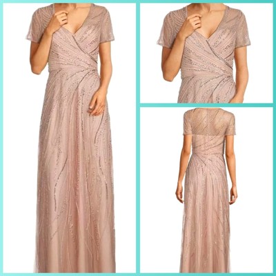 $375 NWT Short Sleeve Sequin Beaded Maxi  Dress Blush Pink Size 6 Xscape Event 