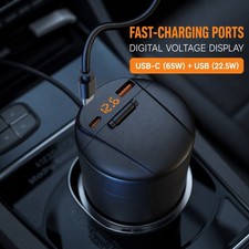 Car Ashtray with Electric Lighter USB C Charger LED Voltmeter Cup Holder Black