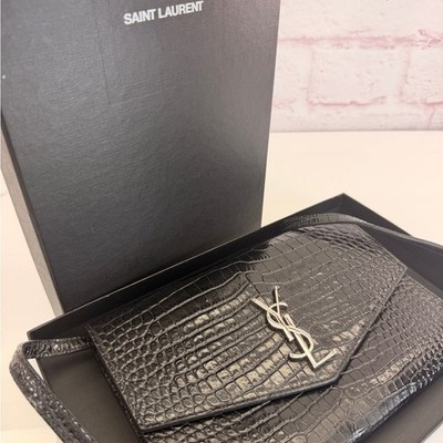 Saint Laurent Cassandra Black Croc-Embossed Envelope Wallet