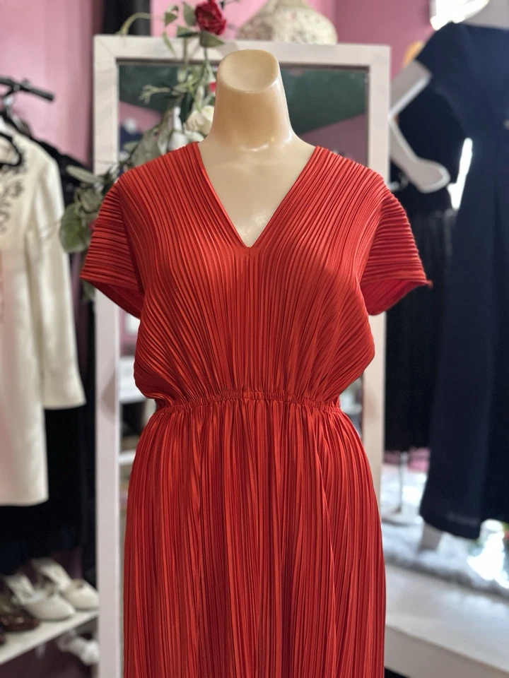 Maxi Vestido Plisado Vintage Años 70 80 Rojo Blusa Disco Glamour Noche Fiesta S/M/L Foto 3 de 4