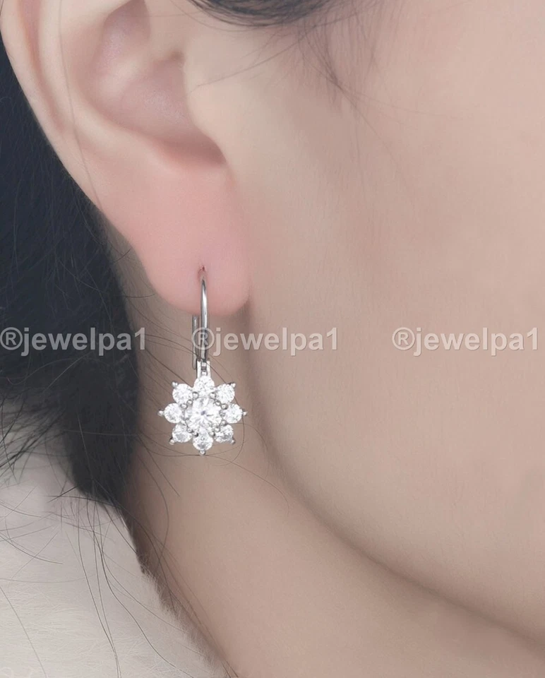 Solid 14K White Gold Moissanite Drop/Dangle Earrings 2.30 CT Round Cut For Women - Image 4 of 4