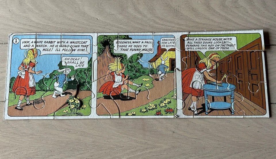 Rompecabezas de cómic de 4 tiras Parker Bros Alicia en el país de las maravillas de la década de 1950 64 piezas completo Foto 2 de 4