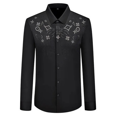 New Luxury Men Diamond Rhinestones Fashion Button-Down Black Shirt High Quality