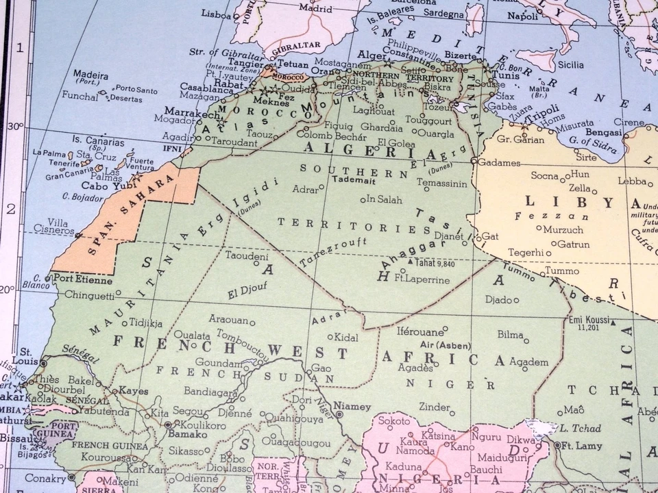 1949 ВИНТАЖНАЯ ПОЛИТИЧЕСКАЯ КАРТА АФРИКИ / ФРАНЦУЗСКИХ БРИТАНСКИХ КОЛОНИЙ / СИБЕРИИ РОССИИ - Изображение 3 из 4