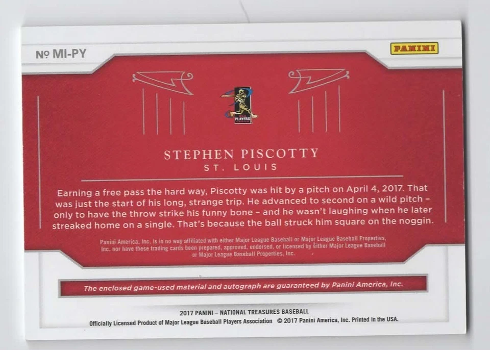 Parche usado del juego de postemporada Panini National Treasures 2017 Stephen Piscotty/25 Foto 2 de 2