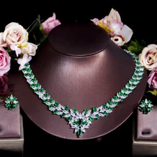 Statement Green Cubic Zircon Wedding Necklace Earrings CZ Jewelry Set for Women