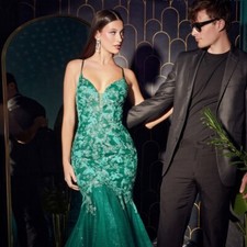 Cinderella Divine, Ladivine Green Floral Lace Up Back Mermaid Gown Size 10