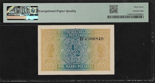 Polen 1/2 Marki 1917 PMG 64 EPQ UNC P#7 Deutsche Besetzung WWI Serie B - Bild 2 von 4
