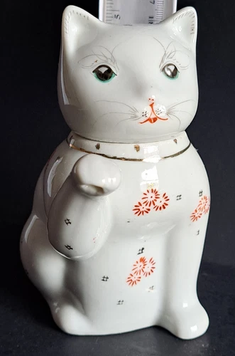 Vintage Maneki Neko Teapot / Creamer Cat Raised Paw Porcelain Hand Painted Mint