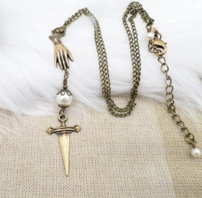 Victorian Hand Necklace, Brass Glove, Dagger, Curiosities and Oddities, Bookish