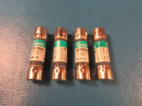 LOT OF 4 BUSSMANN FNM10, Fuse, 10 Amps, 250 Volts AC, Midget Fuse, Dual Element,