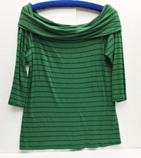 Bobeau Womens Top Green Navy Stripe Cowl Neck Off Shoulder Blouse Made In USA M