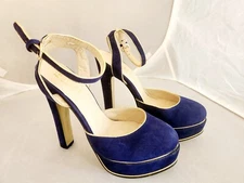 THBOXES Blue Platform Heels, US 6.5/7, Faux Suede, Gold Trim, M06-2 37, PreOwned