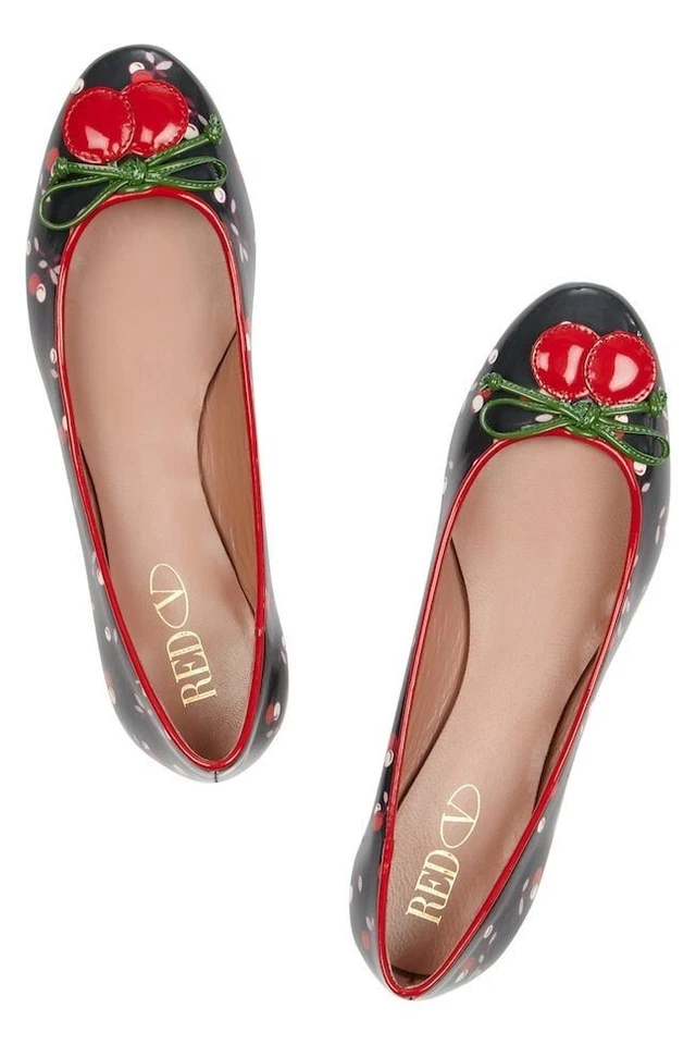 КРАСНЫЙ VALENTINO вишневый принт Appliqué лакированная кожа рокабилли балетки 37 7 - Изображение 2 из 4