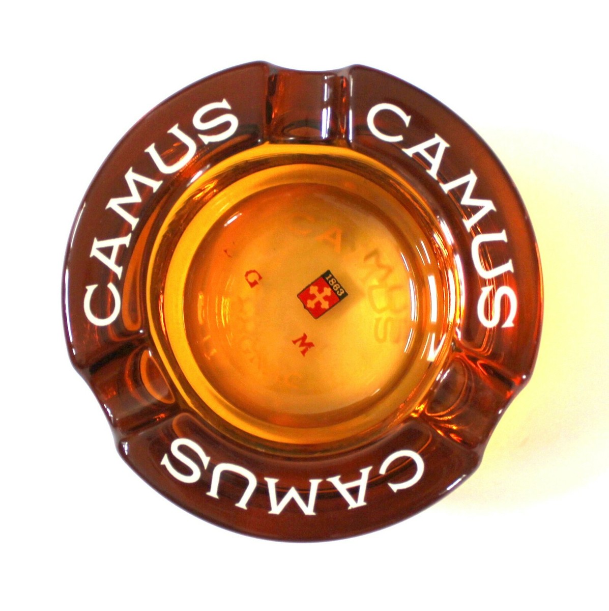 Amber Glass Ashtray Camus Cognac Round Heavy Advertising B9