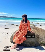 Zara Orange Printed Midi Maxi Dress with Beaded Ties Size M Bloggers HOLIDAYS 