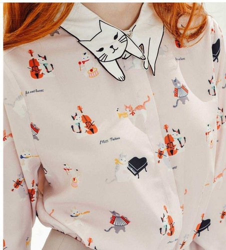 Stickerei Katzenhalsband seidig langärmelige Bluse/Shirt Katzenliebhaber Top - Bild 3 von 18
