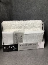 Nueva Spa 5 Piece Bath Set Shower Curtain Liner Hooks  2 Bath Rugs White M38B