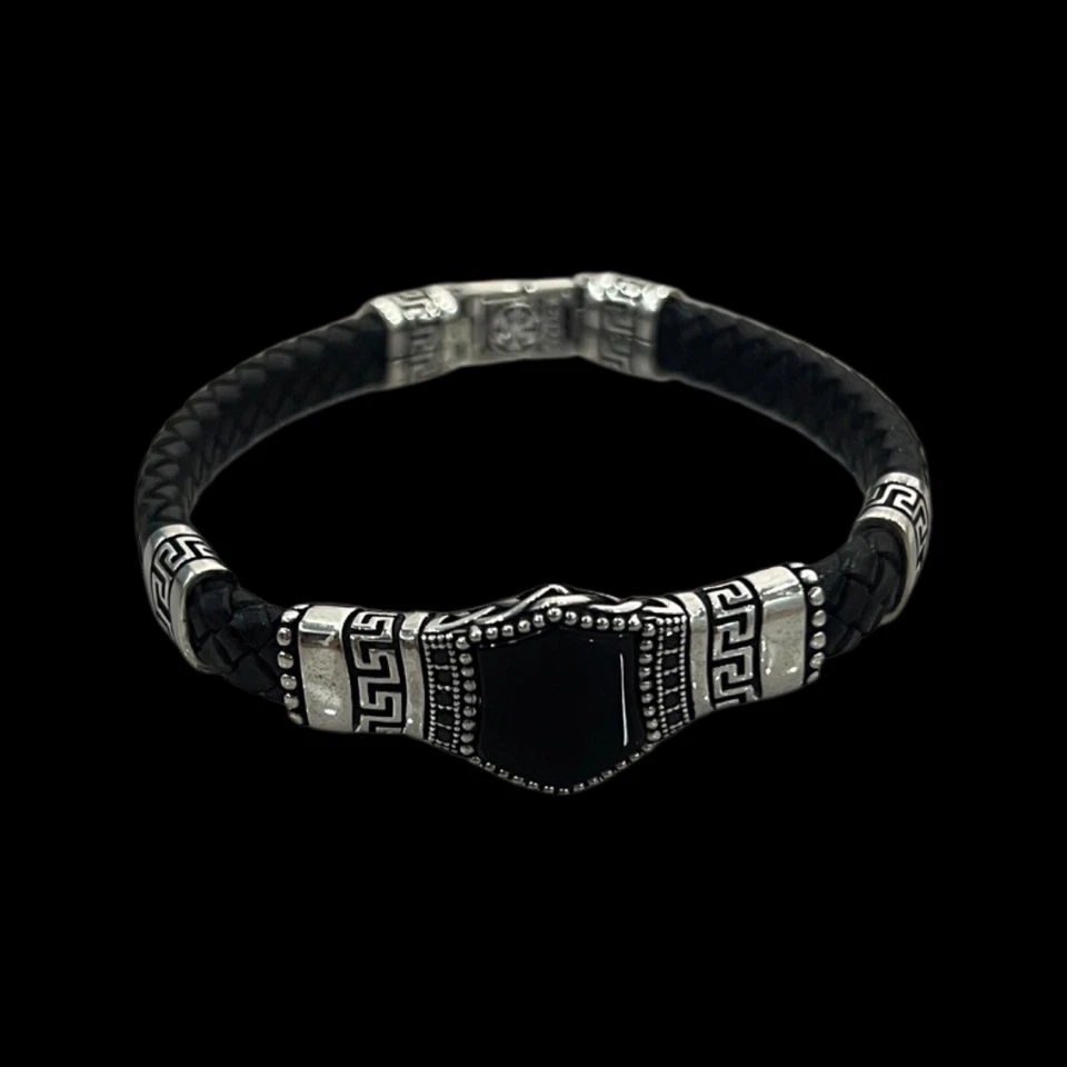 Мужской браслет-манжета ювелирные изделия серебро 925 пробы камень оникс кожаный браслет - Изображение 3 из 4