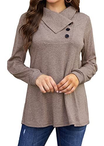 Tunics for Women Casual Fall Cowl Neck Button Jersey Long Sleeve Tops TShirt Cof - Picture 1 of 4