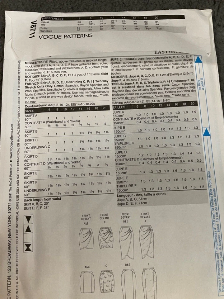 Vogue Patterns V8711 Womens Fitted Skirt Mock Wrap Options AA 6 8 10 12 Uncut - Image 3 of 4