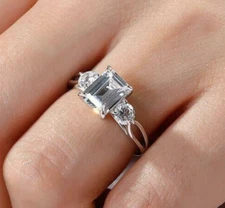 7x5mm Emerald Cut Moissanite Three Stone Engagement Ring Solid 10k White Gold