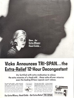 Vintage Mag Print Ad Vicks Tri-Span Head Cold Relief Stomach Protection Coating