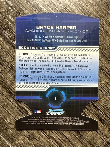 2011 Bowman Chrome Bryce Harper Futures #1 Nationals Refractor - Picture 2 of 2