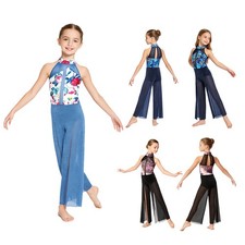 Kids Mesh Patchwork Split Long Pants Jumpsuit Mock Neck Dancewear Dance Leotard