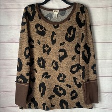 Bibi Leopard Print Sweater Top Long Sleeve Waffle Knit Detail Size Large
