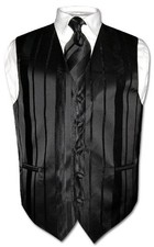 Men's Dress Vest  NeckTIE BLACK Color Woven Striped Design Neck Tie Set