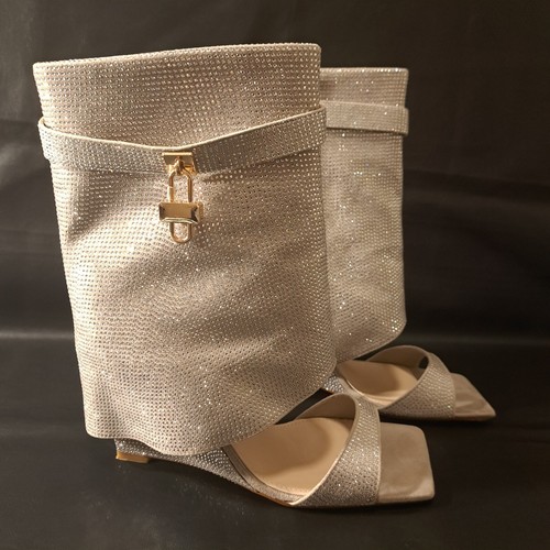 Goserce Women's Heel/Sandals/Boots Faux Rhinestones Open Toe Mid-Calf Wedge 10