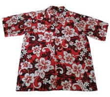 Vintage ODO Red Hibiscus Floral Hawaiian Short Sleeve Button Up Shirt Men's Sz L